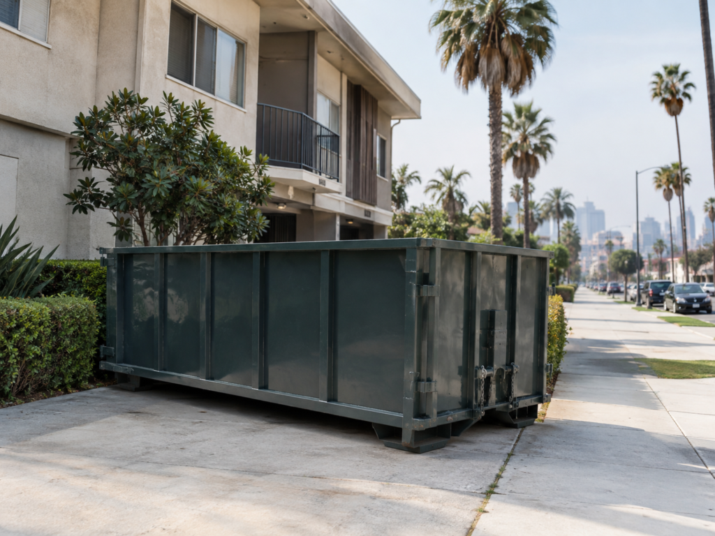 Roll off dumpster rental delivered to a residential driveway in Koreatown, Los Angeles